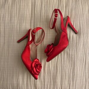 Windsor Red Satin Heels with Rose Detail